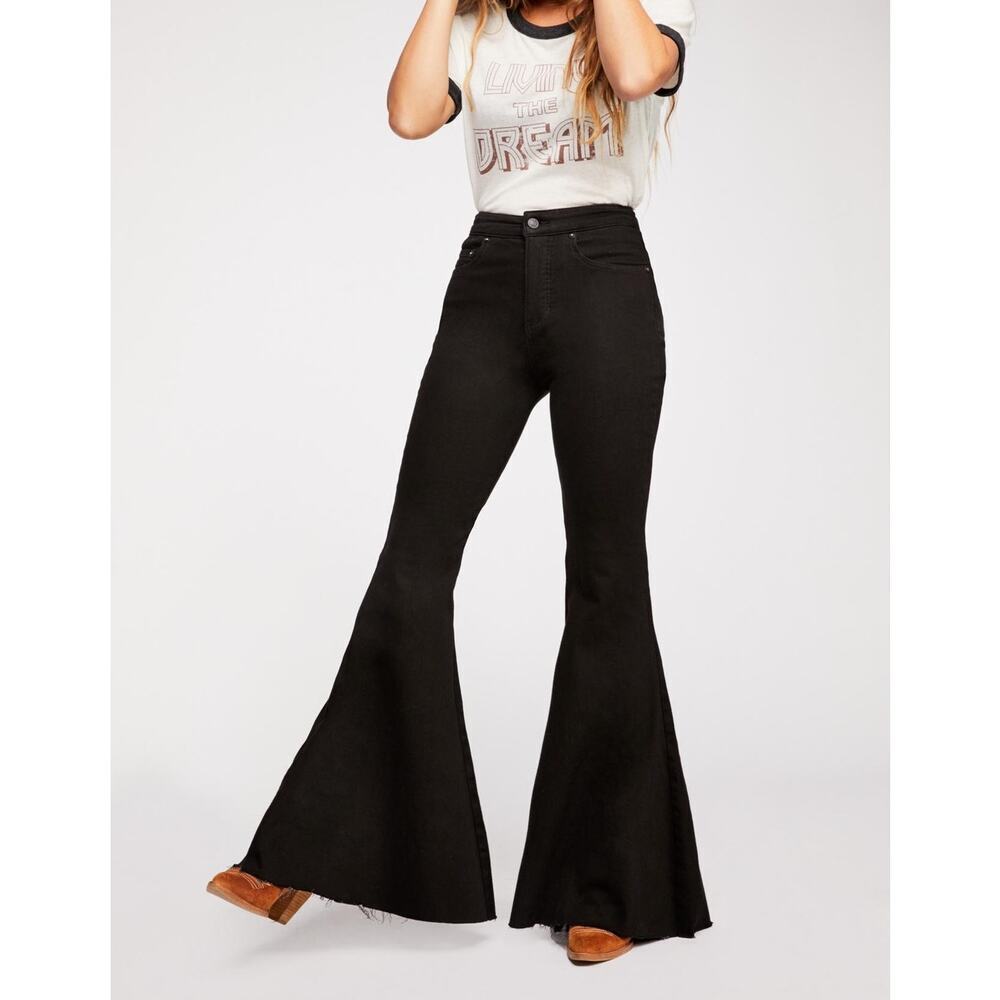 We The Free Curvy Super High Rise Lace Up Flare Jeans Size 27 Black Boho Edgy
